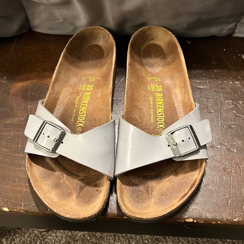 Birkenstock Gray Glossy Madrid Single-Strap Slide Sandals